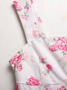 SHEIN Vestido casual de vacaciones con estampado floral, decoración de rosa y lazo para niñas preadolescentes, primavera/verano - Rosa - Ver 4