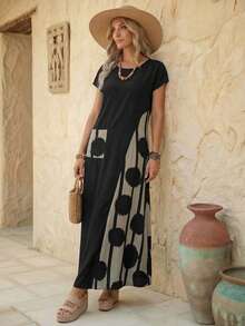 Faunlyn Vestido casual de vacaciones para mujer con estampado de patchwork y bloques de color - Negro - Ver 3