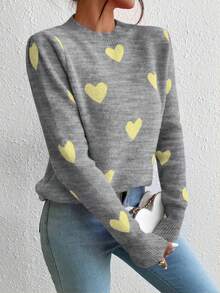 SHEIN LUNE 爱心提花圆领休闲长袖女式毛衣，适合情人节、秋冬季穿着。 - 灰色 - 查看 3