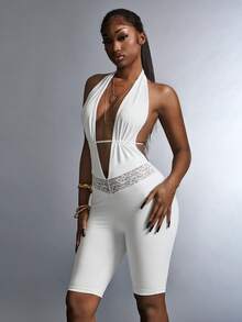 Amplova Women's Casual V-Neck Contrast Lace Bodycon Jumpsuit - White - View 1