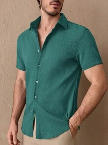 Manfinity VCAY Men's Solid Color Front Button Casual Short Sleeve Woven Shirt - Blue - View 6