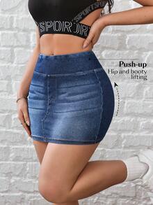 Flexra 女士时尚性感迷你牛仔裙，夏季 - 深色水洗藍 - 查看 3