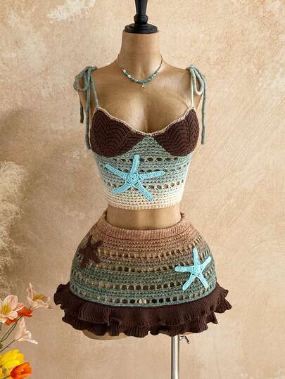Soleia Women's Ombre Starfish Applique Hollow Out Knit Camisole Top And Knitted Mini Skirt Sexy 2-Piece Set, Suitable For Party, Evening, Date, Beach, Summer