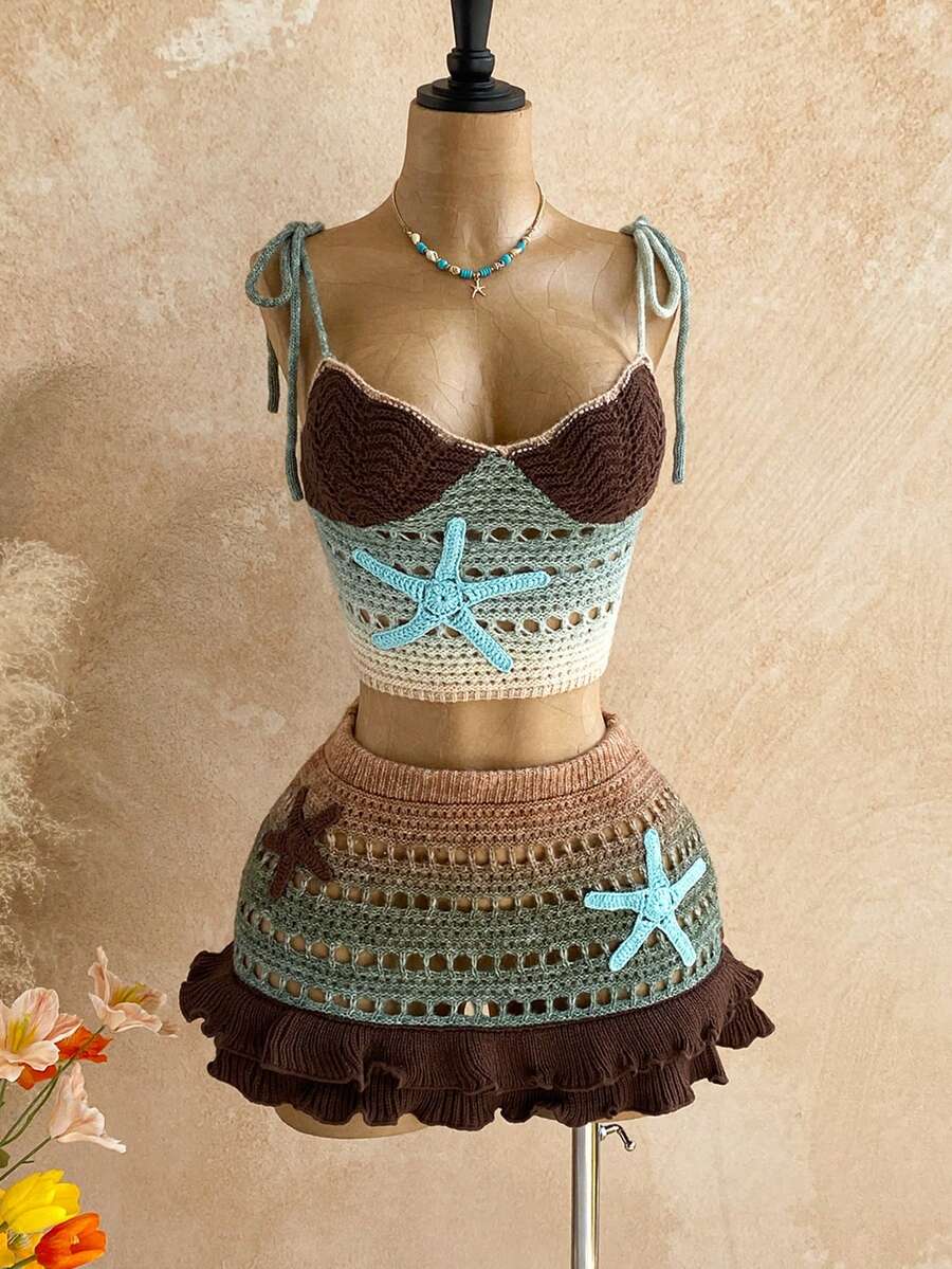 Soleia Women's Ombre Starfish Applique Hollow Out Knit Camisole Top And Knitted Mini Skirt Sexy 2-Piece Set, Suitable For Party, Evening, Date, Beach, Summer - Multicolor - View 1