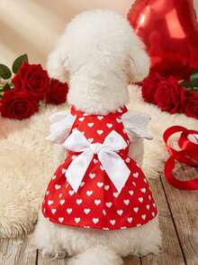 PETSIN 红色爱心印花宠物连衣裙，配白色蝴蝶结和翅膀褶边——可爱的情人节狗狗服装，适合小型犬和猫咪的夏季公主裙 - 紅色 - 查看 4