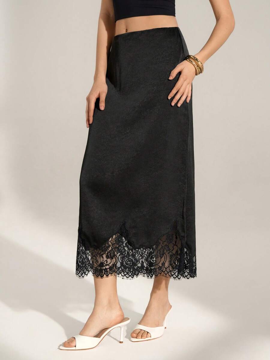 SHEIN Tall Chân váy đen thanh lịch dành cho nữ với viền ren, hoàn hảo cho những dịp trang trọng, tiệc tùng và các sự kiện trang trọng. Mẫu váy sang trọng này phù hợp hoàn hảo với trang phục mùa thu, mùa đông và những dịp thanh lịch. Lý tưởng cho cả phong cách thường ngày và dự tiệc, nó mang đến vẻ tinh tế vượt thời gian và phong cách phù hợp cho tủ quần áo của bạn. - màu đen - Xem 1