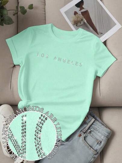 EMERY ROSE Plus-Size Women's Slogan Print T-Shirt, Los Angeles Lettering Pattern, Short-Sleeved Casual Top, Los Angeles Pattern T-Shirt, Women's Top