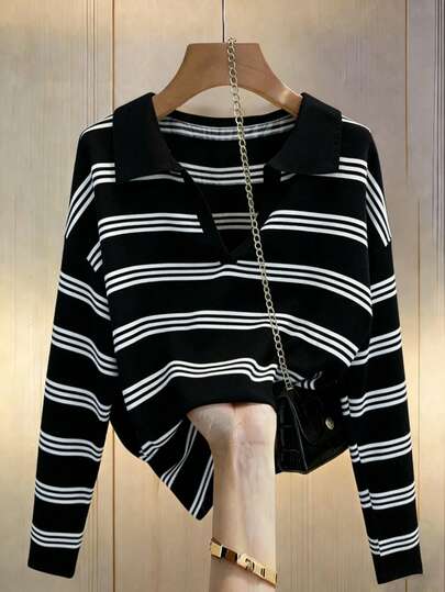 Everyssa Camiseta de manga larga de ajuste holgado con estampado de rayas de contraste, para uso casual y diario, ideal para primavera/otoño