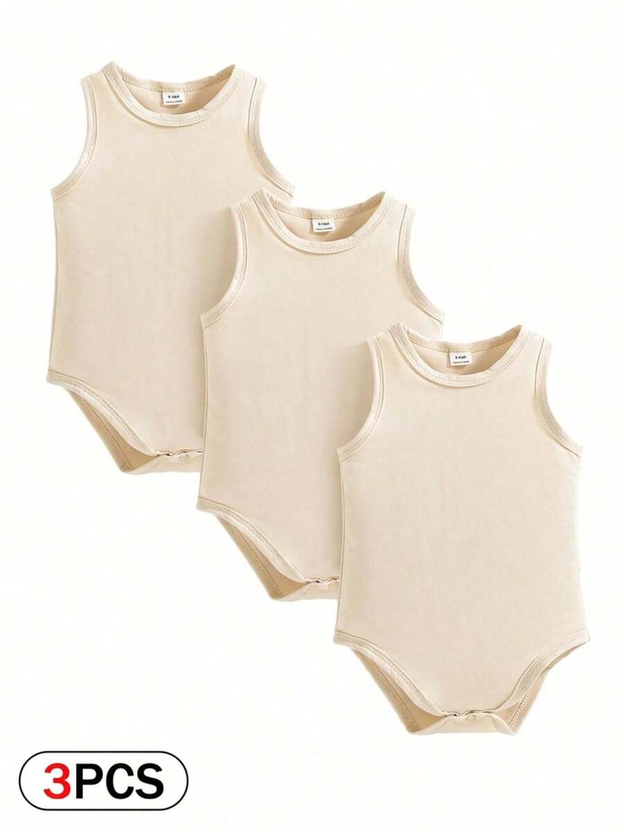 SHEIN 3件套婴儿男女通用婴儿幼儿新生儿0-3岁基础百搭纯色针织面料弹力露肩搭扣连体衣，新生儿针织套装男女宝宝休闲连体衣婴儿秋冬春夏新生儿套装新生儿中性套装自然婴儿服装新生儿中性婴儿服装男女通用 - 杏色 - 查看 1