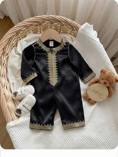 Baby Boy/Girl Traditional Woven Trim Round Neck Long Sleeve Jumpsuit, Casual & Versatile