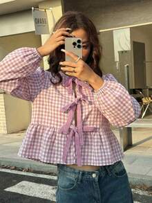 SHEIN EZwear 女士复古时尚黑白格子前襟天鹅绒系带泡泡袖宽松衬衫 - 藕粉色 - 查看 4