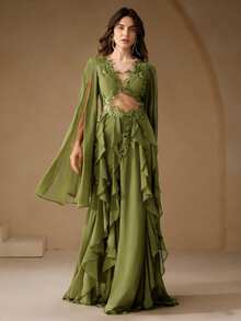 Anewsta 女士春夏新款绿色森林风法式刺绣贴花喇叭袖层叠荷叶边下摆优雅长裙 - 綠色 - 查看 6