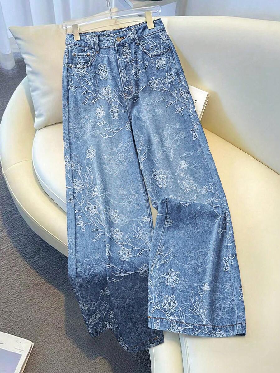 GlowEve Quần jeans ống rộng dáng casual in hoa, túi xéo dành cho nữ - Rửa nhẹ - Xem 1