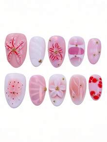 ROMWE Anime 10 Cute Simple Polka Dots Three-Dimensional Carved Fake Nail Pads And A Piece Of Double-Sided Tape - Pink - View 5