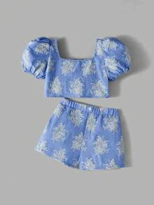 Maija Kids Maija Kids 两件套少女休闲度假时尚宽松舒适蓝色花卉刺绣泡泡袖上衣和短裤高端两件套，适合休闲外出、旅行、聚会、节日、夏季和春季穿着。 - 藍白色 - 查看 2