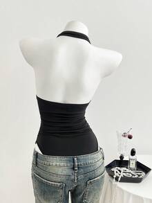 Elamini 女士性感休闲简约金属扣装饰垂褶领口褶皱连体衣 - 黑色 - 查看 2