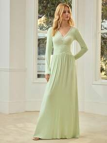 MOTF PREMIUM WOMEN'S V-NECK LONG SLEEVE RUCHED LONG DRESS, SPRING/SUMMER - Green - View 4