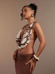 Hauture Women's Sexy Abstract Print Halter Cowl Neck Open Back Top - Multicolor - View 6