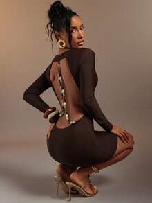 Hauture Brown Plunging Cowl Neck Long Sleeve Open Back With Bead Trim Short Dress - Brown - View 1