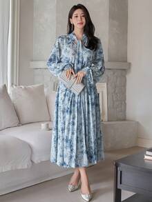 DAZY Women's Elegant Floral Print Tie Collar Blouse And Skirt 2-Piece Set, Spring/Summer,Wedding Guest Dress Women - Blue - View 5