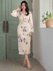 DAZY Women's Elegant Floral Print V-Neck Puff Sleeve Twist Dress, Spring/Summer - Purple - View 6