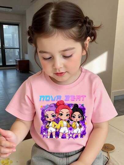 Fashionable Casual Comfortable Round Neck Short Sleeve T-Shirt For Baby Girls, Featuring Cool Cartoon Character And Cute Graphic Designs, Suitable For Spring And Summer Seasons