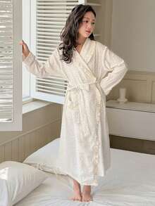 DAZY Tween Girls' Long Sleeve Dropped Shoulder Ruffle Polka Dot Loose Fit Loungewear - Beige - View 2