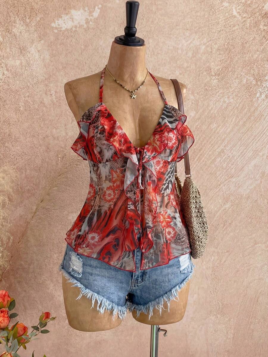 INAWLY Women's Vacation Leopard Floral Print Patchwork Ruffle Tie Front Halter Top - Multicolor - View 1