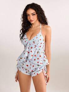 plantica Y2K Stylish Women Casual Sexy Striped Floral Print Long Sleeve Shorts Pajama Set, Suitable For Vacation, Date, Home, Valentine's Day, Spring/Summer, Wedding Guest, Music Festival, Musician, Night Club - Multicolor - View 3