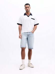 SUMWON Polo Shirt With Contrast Navy Collar And Trim Ribbed Chest Pocket Short Sleeve Casual Summer Top - White - View 3
