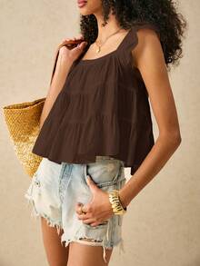 SHEIN Frenchy Women's Casual Solid Color Ruffle Hem Blouse, Summer - Coffee Brown - View 4