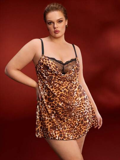 Vestido de lencería sexy de talla grande con parches de encaje, estampado de leopardo, escote pronunciado, diseño que cintura la cintura, inserciones de malla