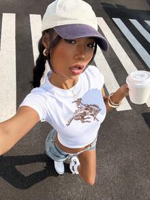 StreetHx Áo thun crop top mùa hè cho nữ, kiểu cao bồi miền Tây Y2K, tay ngắn màu trắng hở eo. - trắng - Xem 4