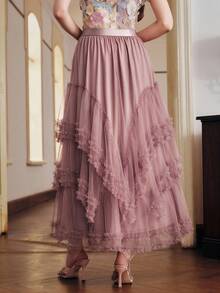 Anewsta 春夏莲花粉蕾丝网纱层叠薄纱裙，高端蓬蓬蛋糕裙 - 藕粉色 - 查看 3