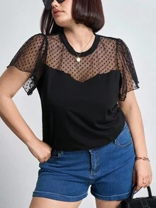 Chikora Plus Size Music Festival Women Loose Fit Round Neck Mesh Contrast Ruffle Short Sleeve Top For Summer,Office Outfits For Women - Black - View 3