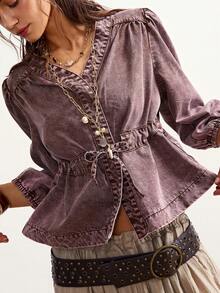 Bohemela Áo sơ mi denim dáng rộng cổ chữ V tay phồng thắt eo dành cho nữ cỡ lớn - xanh quân đội - Xem 3