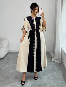 Rafferiza Women's Round Neck Flare Sleeve Contrast Color Ruffle Patchwork Elegant Long Midi Dress,Black And Beige,Summer,Modest,Dining,Party,French - Apricot - View 3