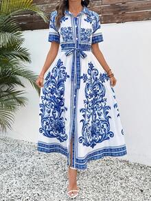 Breezaya Shirt Collar Button Print Belted Women Long Dress - Blue - View 4