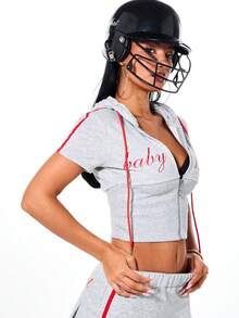 BABYPHAT 女士 Heather 短袖拉链短款连帽衫，休闲街头风运动上衣 - 灰色 - 查看 1