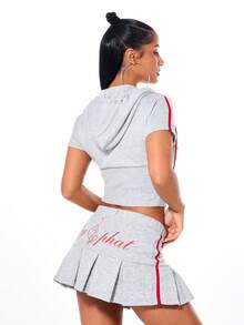 BABYPHAT 女士 Heather 短袖拉链短款连帽衫，休闲街头风运动上衣 - 灰色 - 查看 2