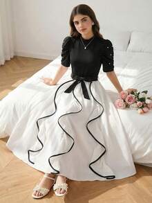 Teen Girl Summer Casual Faux Pearl Beaded Puff Sleeve T-Shirt And Ruffle Hem Skirt Set - Black and White - View 5