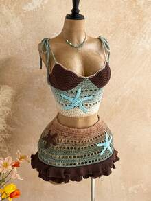 Soleia Women's Ombre Starfish Applique Hollow Out Knit Camisole Top And Knitted Mini Skirt Sexy 2-Piece Set, Suitable For Party, Evening, Date, Beach, Summer - Multicolor - View 5