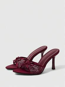 Sleekvia New Fashionable Versatile Rhinestone Bow Strap Stiletto High Heel Sandals For Christmas - Burgundy mesh - View 10