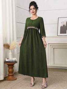 Yasmyna Đầm kiểu Ả Rập dành cho nữ, chất liệu vải thêu và cắt laser. - Màu xanh Ô liu - Xem 4