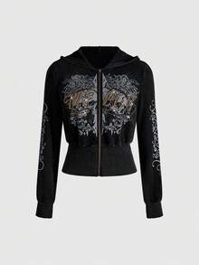 ROMWE Grunge Punk Áo sweatshirt nữ dáng ngắn ôm sát, in hình đầu lâu và dây leo đính đá kiểu punk cổ điển Y2K. - màu đen - Xem 5