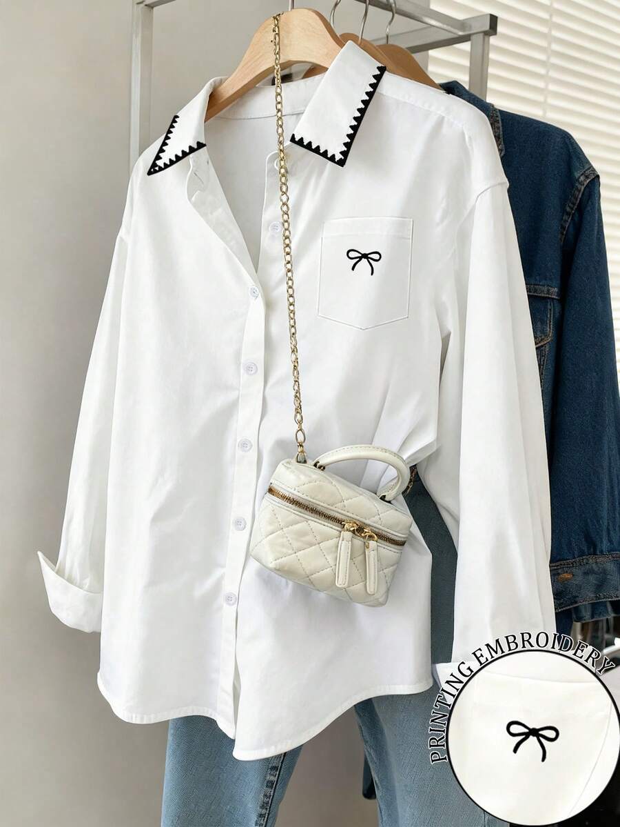 Resyla Women's Casual Everyday Commute Bow Decor Dropped Shoulder Loose Long Sleeve White Blouse, Spring/Autumn - Baby Blue - View 1
