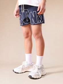 SUMWON 男童尼龙卡通人物印花短裤，正面印有布朗克斯文字，夏季休闲装 - 藏蓝色 - 查看 4