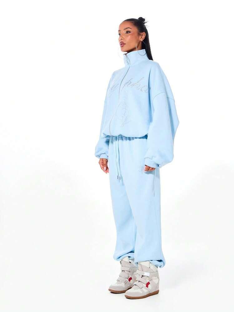 BABYPHAT Cuffed Jogger Sweatpants With Rhinestone Text Embellishment High Rise Drawstring Waist Comfortable Elastic Ankle Loungewear