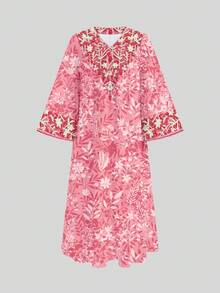 SHEIN 甜美花卉印花图案，可爱穆斯林女孩长袍，适合春夏穿着的少女休闲简约连衣裙，祈祷长袍，舒适易穿，休闲装，度假风，端庄长袍，长袍，休闲装，春夏服装，新款，春夏时尚 - 白色 - 查看 2