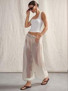 SHEIN ICON Women's Solid Color Sheer Twist Front Wide Leg Pants, Sexy & Fashionable - Beige - View 1